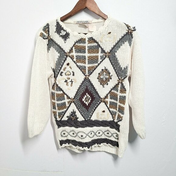Huntington Ridge S Hand Knit Sweater Cream blue adorable Vintage Grandma Style - Picture 1 of 6